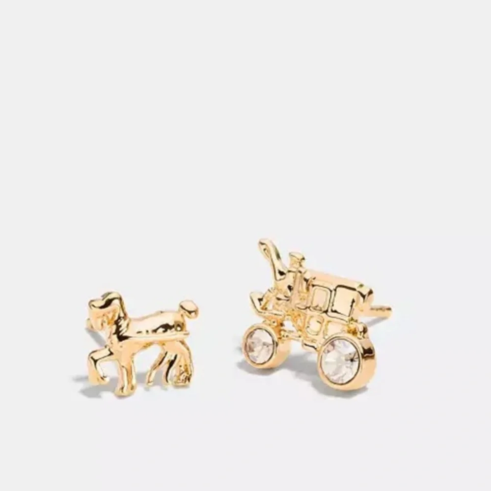 Coach pave gold plated‎ Horse And Carriage CZ crystal Stud Earrings new - Picture 4 of 4